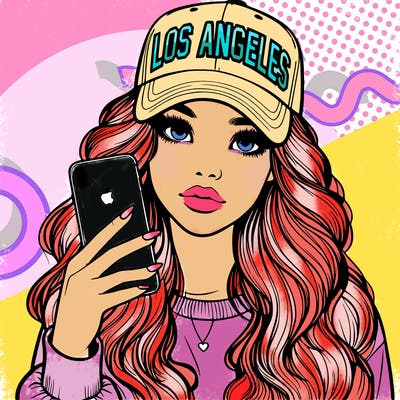 realistic beautiful girl wearing los ángeles cap holding an iphone