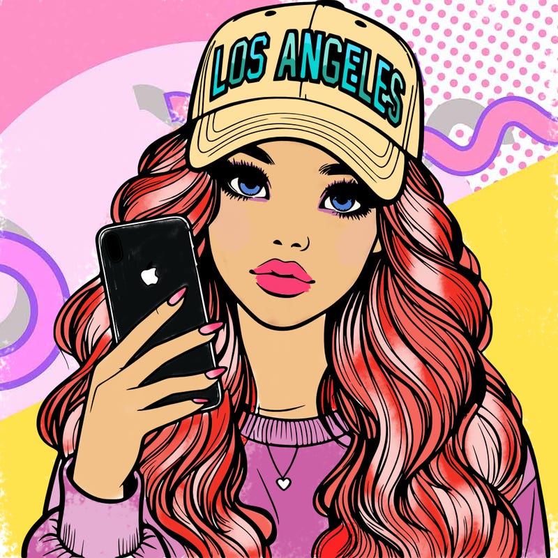 realistic beautiful girl wearing los ángeles cap holding an iphone