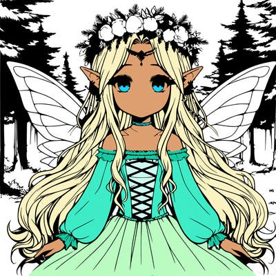 one cute realistic manga elf girl with a crown of flowers and fairy wings and long hair in a pinewood forest