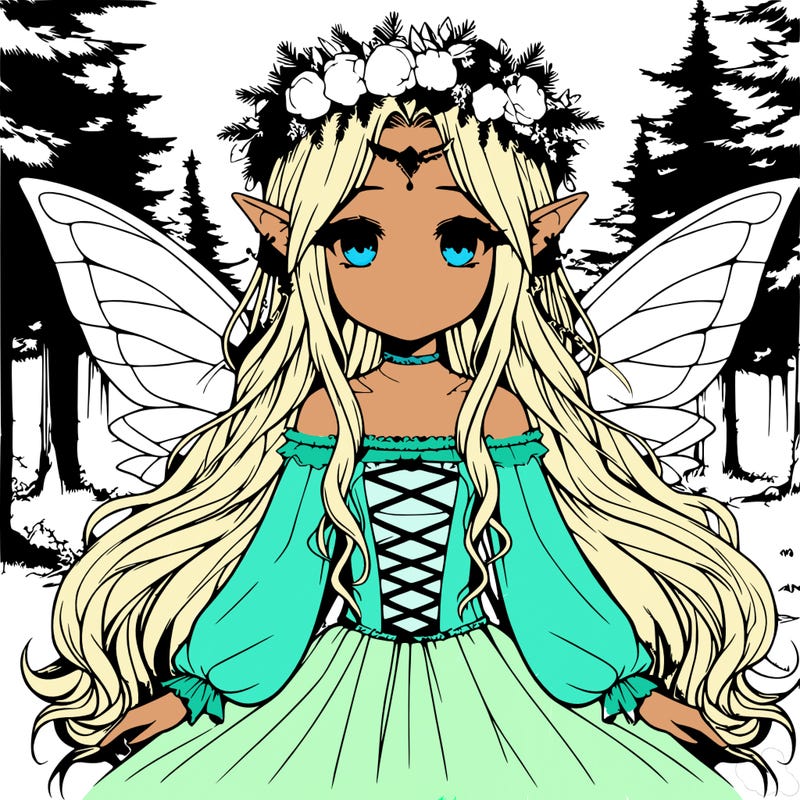 one cute realistic manga elf girl with a crown of flowers and fairy wings and long hair in a pinewood forest