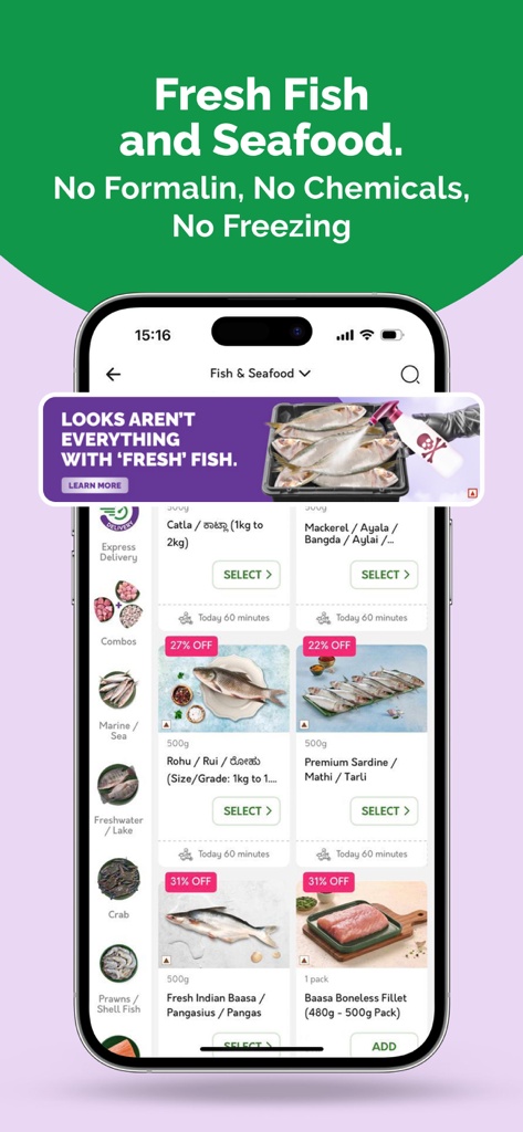 FreshToHome mobile app interface displaying various fresh fish and seafood options with discounts