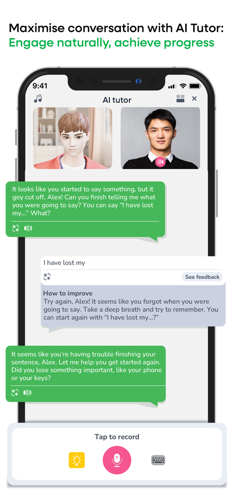 Kyna English - Kyna English app AI tutor screen showing a video conversation and real-time feedback for learning English.