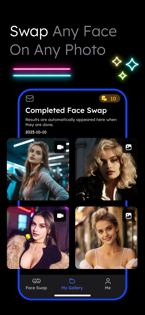 Vidqu Video & Photo Face Swap - A mobile app interface showing a gallery of four completed AI face swap photos and videos