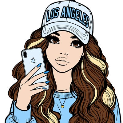 realistic beautiful girl wearing los ángeles cap holding an iphone