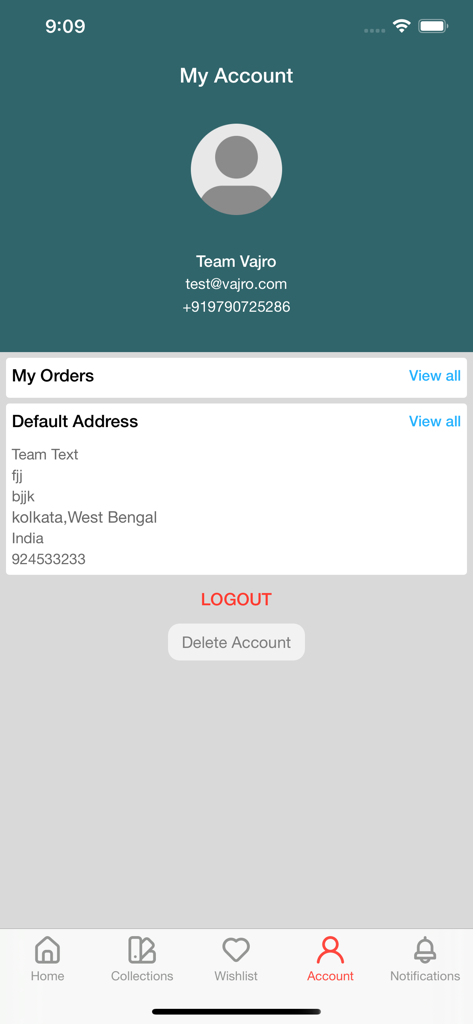 Digital Shoppy - Página de perfil de cuenta de usuario en la aplicación Digital Shoppy que muestra la información de contacto del usuario, el historial de pedidos y la dirección de envío predeterminada.