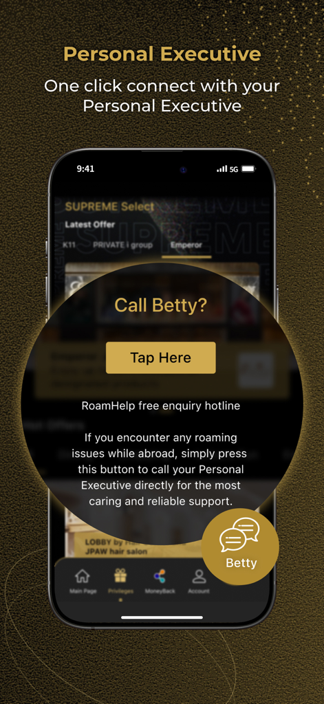 SUPREME from HTHK - A mobile screen showing the one click connect feature for a personal executive concierge service