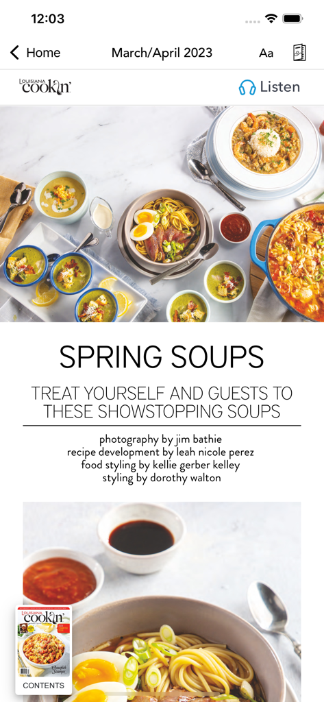 Louisiana Cookin' - A digital magazine article in the Louisiana Cookin app titled Spring Soups with images of various dishes