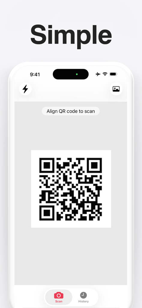 Simple QR code reader interface showing a camera viewfinder scanning a code with a minimalist design