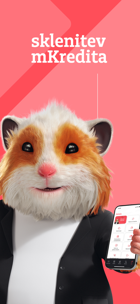 A hamster mascot in a suit holding a smartphone showing the Addiko Mobile Slovenija app with loan information.