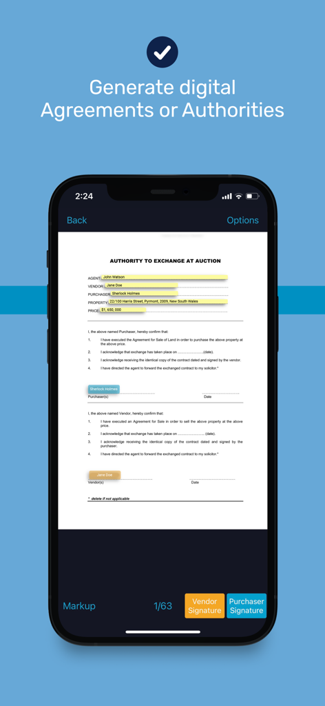 App Real Time Agent che mostra un modulo di autorizzazione digitale allo scambio in asta su un dispositivo mobile