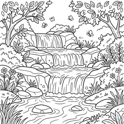 Immerse yourself in the tranquil beauty of nature with this captivating tiered waterfall coloring page. Specially crafted for seniors, it features clear outlines and large, easy-to-color details for a relaxing artistic experience.