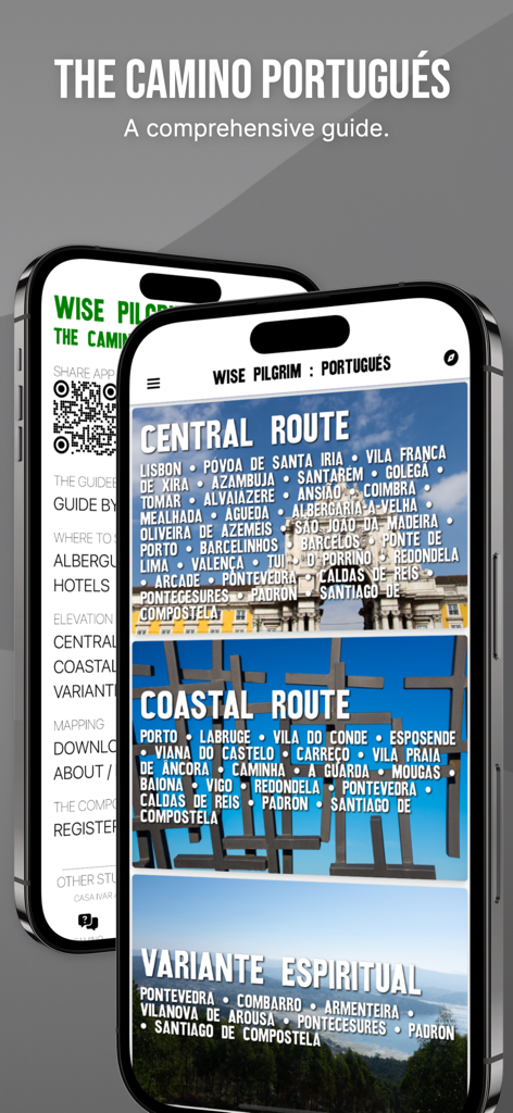 Wise Pilgrim Camino Portugués - Wise Pilgrim 앱의 스크린샷으로 캄미노 포르투게스의 중앙, 해안, 영적 경로를 iPhone에서 보여줍니다.