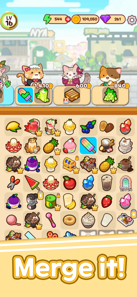 Merge Cat Cafe : Coffee cat - A merge puzzle grid with colorful food items and cute cat characters waiting for orders