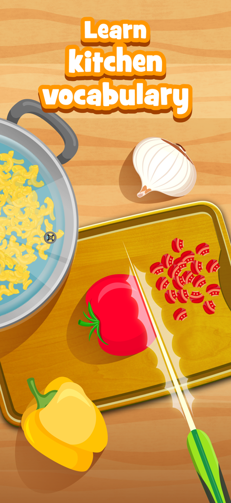 Kids Cooking Games & Baking - Pantalla del juego de cocina para niños mostrando un tomate siendo cortado en una tabla de madera con el texto Aprende vocabulario de cocina