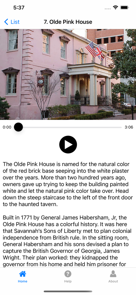 Ghosts of Savannah - Interfaccia del tour audio per l'Olde Pink House nell'app mobile Ghosts of Savannah.