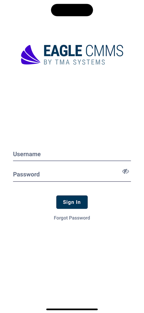 EagleCMMS - Login screen of the EagleCMMS mobile application featuring username and password fields