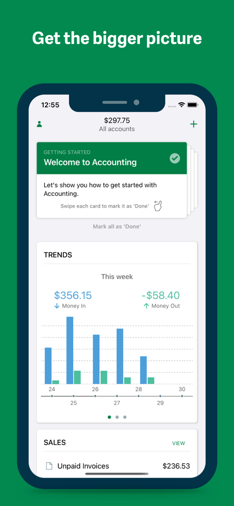 Sage Accounting mobile app dashboard displaying weekly money in and money out trends.