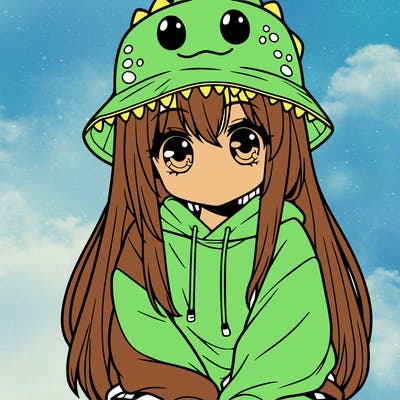 girl with anime shaped eyes with a dinosaur bucket hat oversized sweatshirt long straight hair