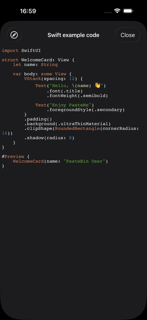 A Swift code snippet with syntax highlighting displayed in the PasteMe mobile app interface.