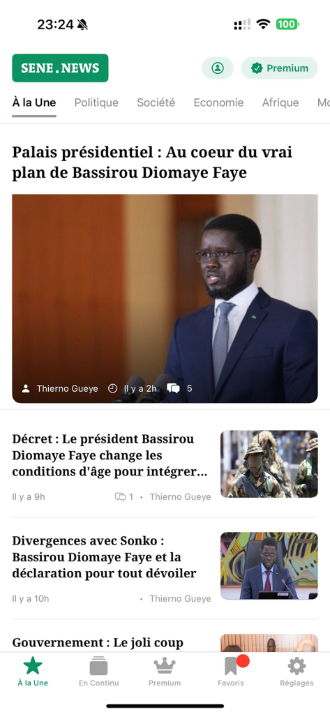 SeneNews – Infos & Actualité - Schermata principale dell'app mobile SeneNews che mostra le ultime notizie politiche e i titoli del Senegal
