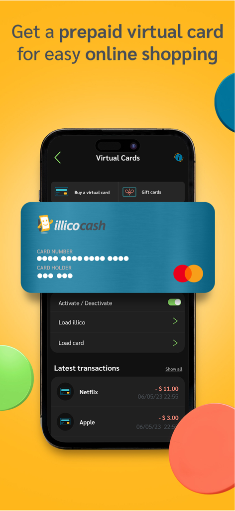 illicocash - illicocash mobile app screen showing a prepaid virtual Mastercard for online shopping and subscription management