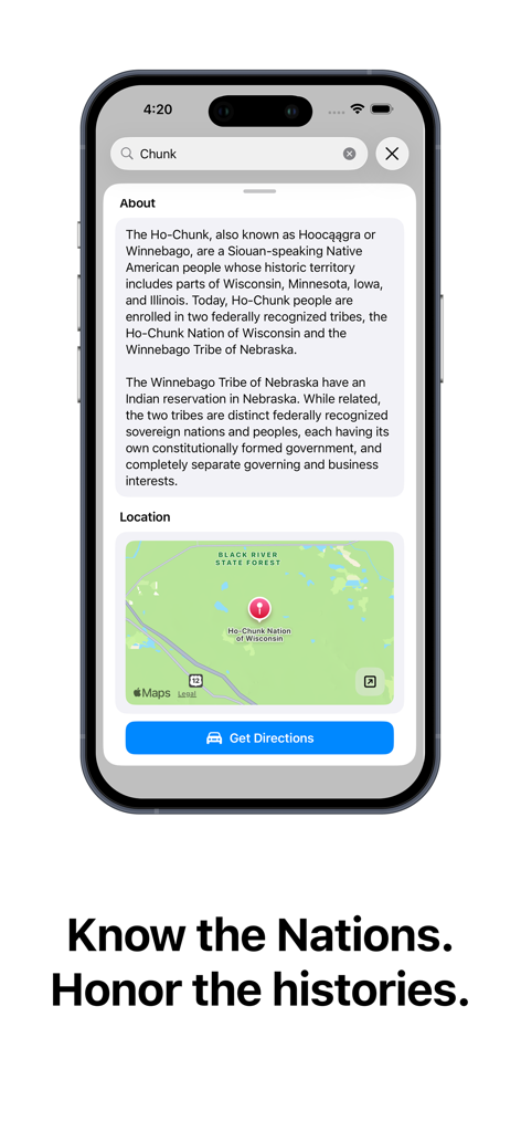 Native Nations - Écran de l'application Native Nations affichant l'histoire de la tribu Ho-Chunk et la carte de localisation.