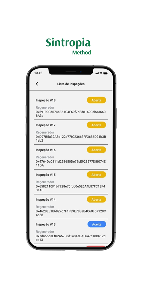 Sintropia - A mobile app interface showing a list of environmental inspections with status tags and regenerator ID codes