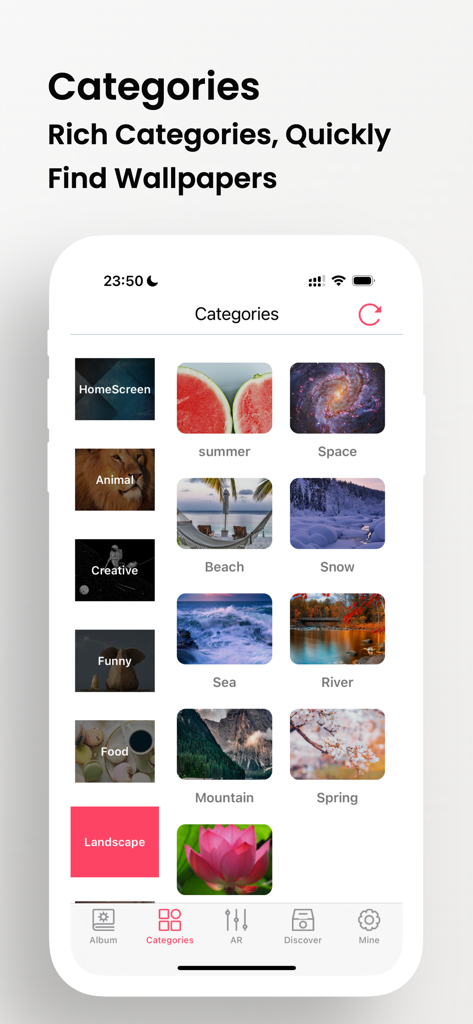 Wallpapers HD : Albums - iPhone app screen showing a variety of wallpaper categories including space beach and nature themes