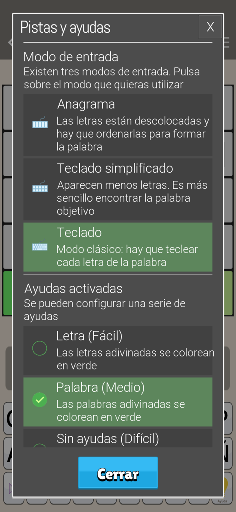 Menú de configuración de pistas y ayudas del juego Crucigramas clasicos