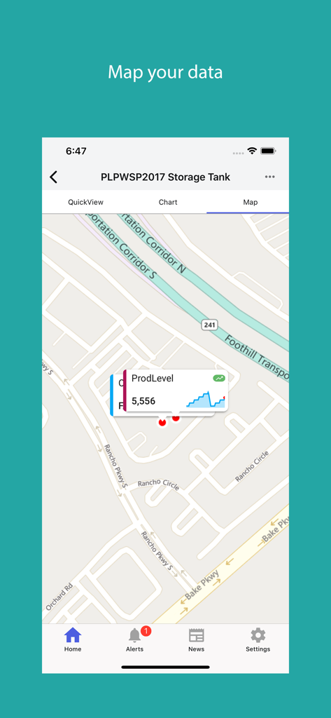 AVEVA Insight - Interfaccia dell'app mobile AVEVA Insight che mostra una vista mappa di asset industriali con pop-up di dati di produzione in tempo reale.