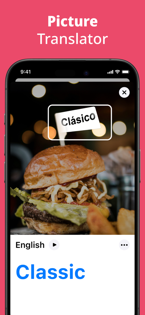 La interfaz de la aplicación Traductor de Fotos mostrando una traducción por cámara de una etiqueta de menú del español al inglés