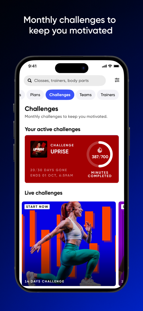 Fiit: Workouts & Fitness Plans - The Fiit app interface showing active and live monthly fitness challenges with progress tracking metrics.