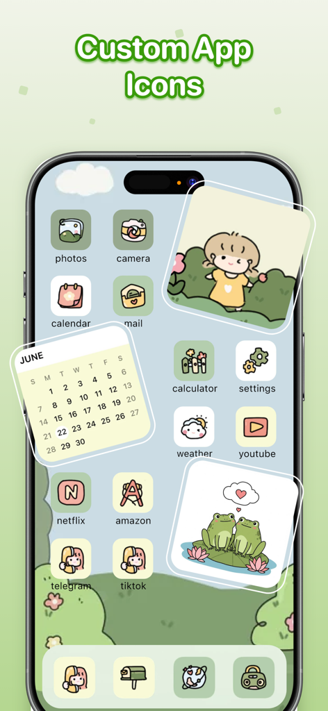Schermata Home dell'iPhone con un tema cottagecore verde, icone delle app personalizzate disegnate a mano e graziosi widget con personaggi.