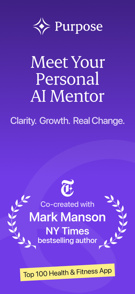 Purpose: Your AI Mentor - Pantalla de introducción para la aplicación de mentor IA Propósito co-creada con Mark Manson