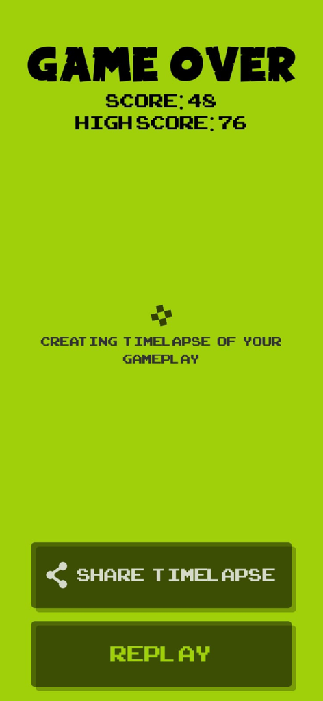 Tela de fim de jogo do Retro Snake mostrando a pontuação final e o botão para compartilhar timelapse da jogabilidade.
