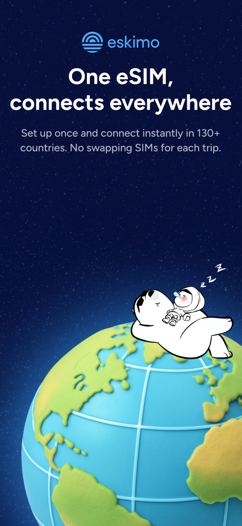 Tela promocional do aplicativo Eskimo mostrando um globo e personagens com texto sobre conectividade eSIM universal em 130 países.