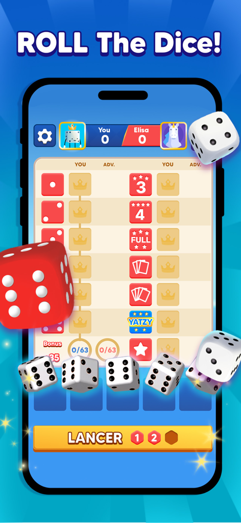 Yatzy Royal dice game screen with scoreboard and rolling dice