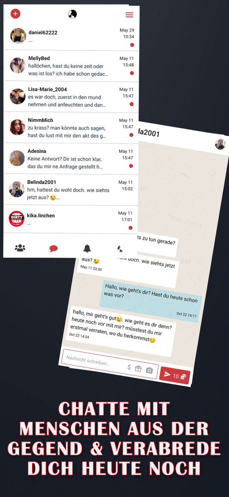 Interfaz de la aplicación Heimlich que muestra una lista de mensajes de chat y una conversación activa