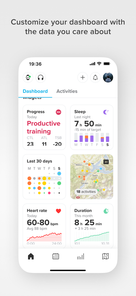 Suunto mobile app dashboard showing training progress sleep data and activity maps