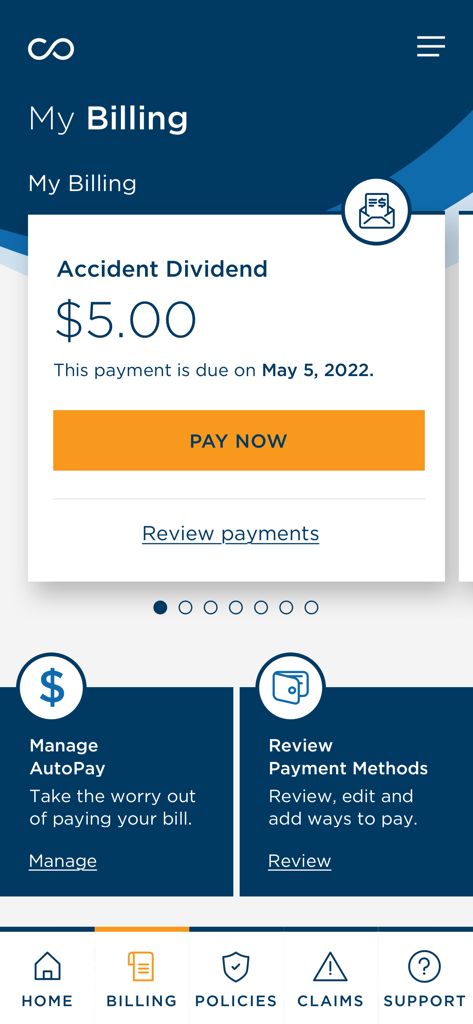 Interface de faturamento do aplicativo MyCombined mostrando um pagamento de dividendo de acidente e opções de gerenciamento