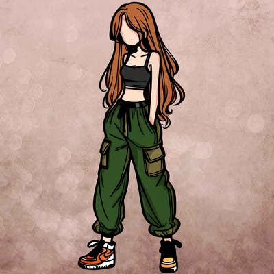 girl in baggy pants crop top and long hair
