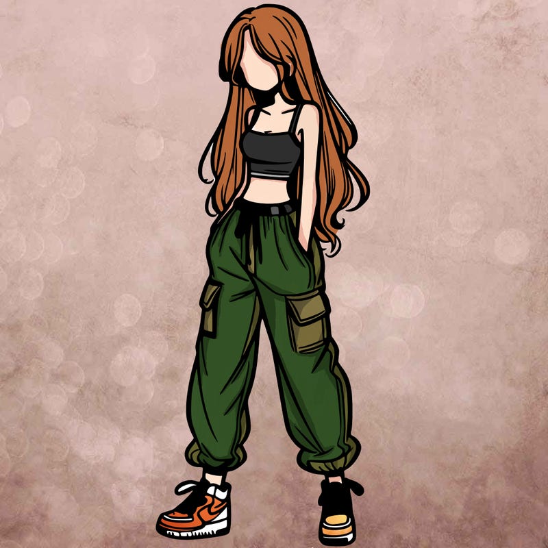 girl in baggy pants crop top and long hair