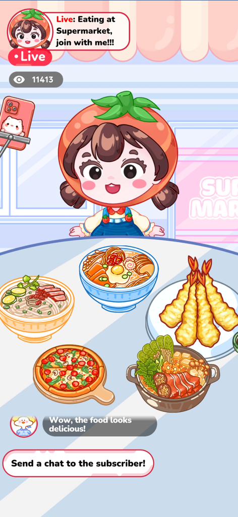 Mukbang Master: ASMR Food - Cartoon character hosting a virtual mukbang live stream with several food dishes like ramen and pizza