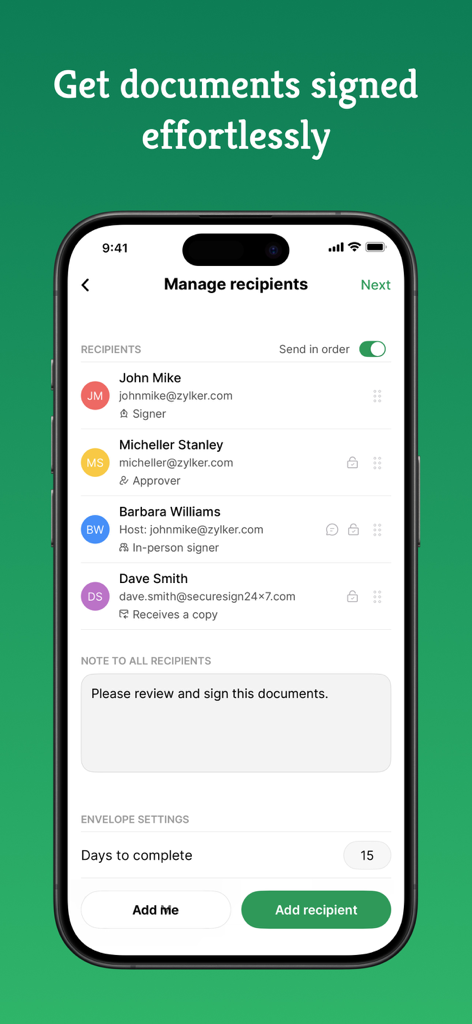 iPhone interface of Zoho Sign app showing the manage recipients screen with specific signer roles