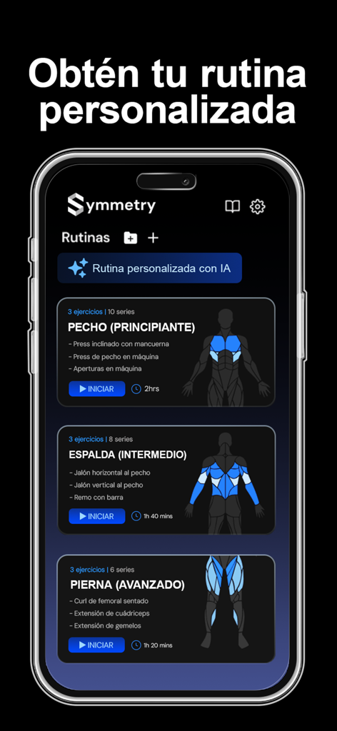 Symmetry: Rutinas Gimnasio Pro - Pantalla de la aplicación Symmetry que muestra rutinas de gimnasio personalizadas por IA para diferentes grupos musculares como el pecho y la espalda.