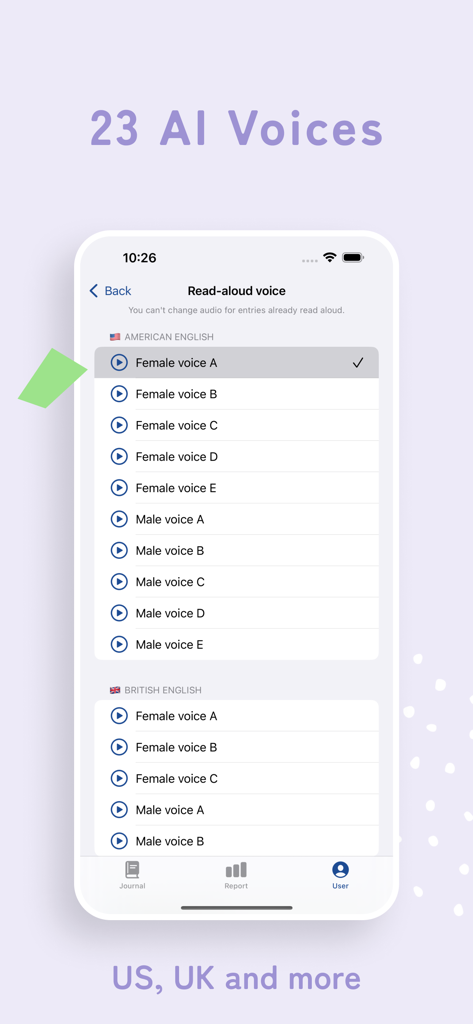 Lingualog - AI English Diary - Selection screen for American and British AI voices in the Lingualog app