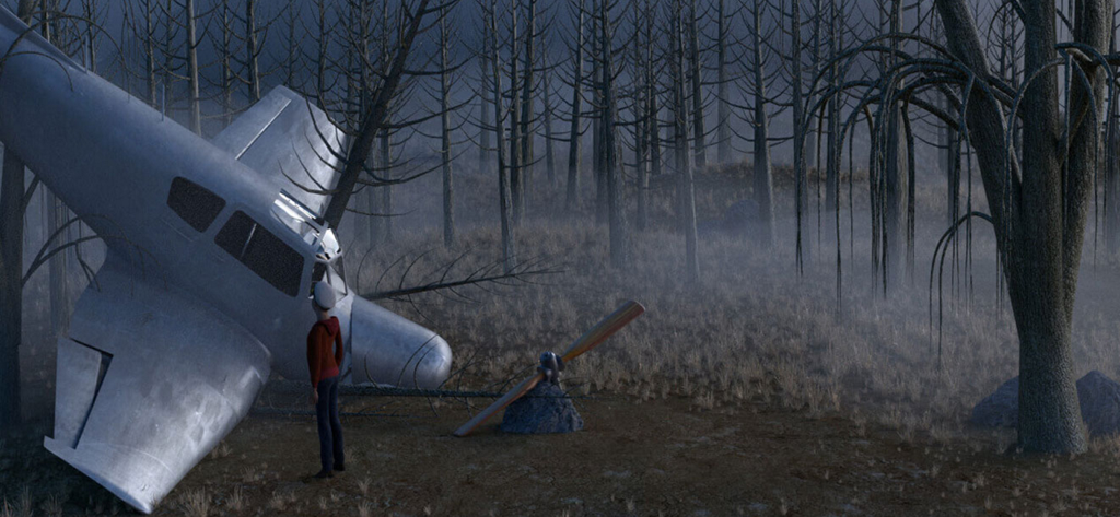 Aviator character standing by a crashed airplane in a foggy forest