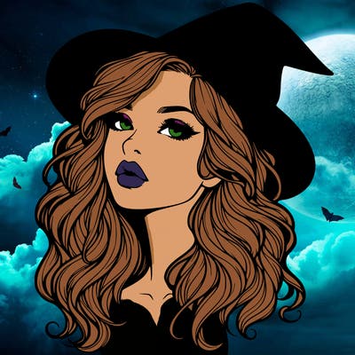realistic witch girl with wavy hair and lips
