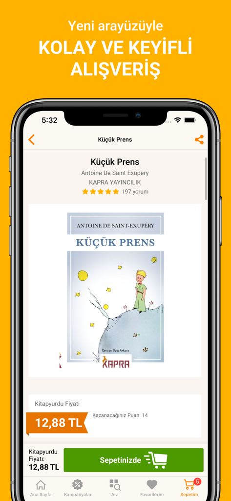 Kitapyurdu mobile app interface showing a product page for the book Kucuk Prens with price and shopping cart details