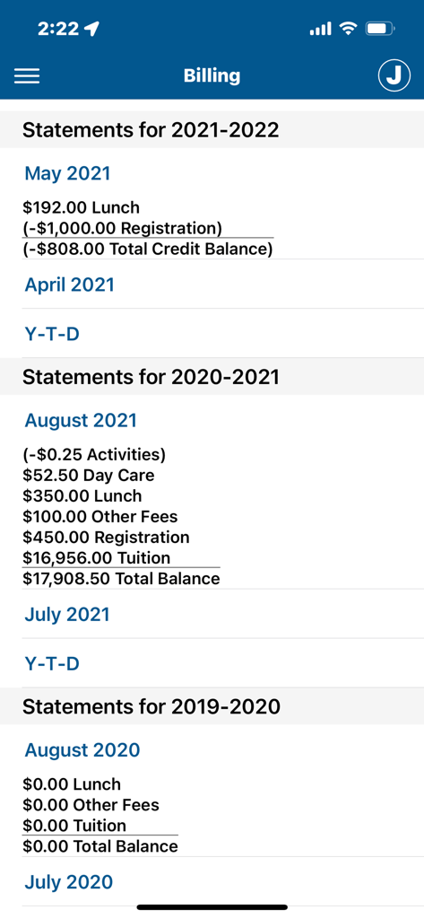 Gradelink Student/Parent App - Gradelink app billing screen displaying school statements and tuition fees